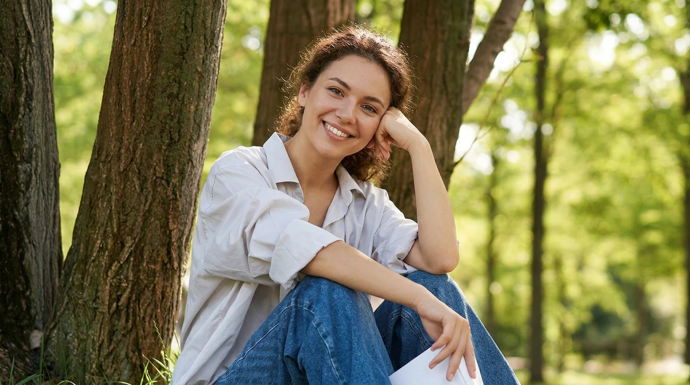 A woman resting against a tree in soft morning light, unhurried