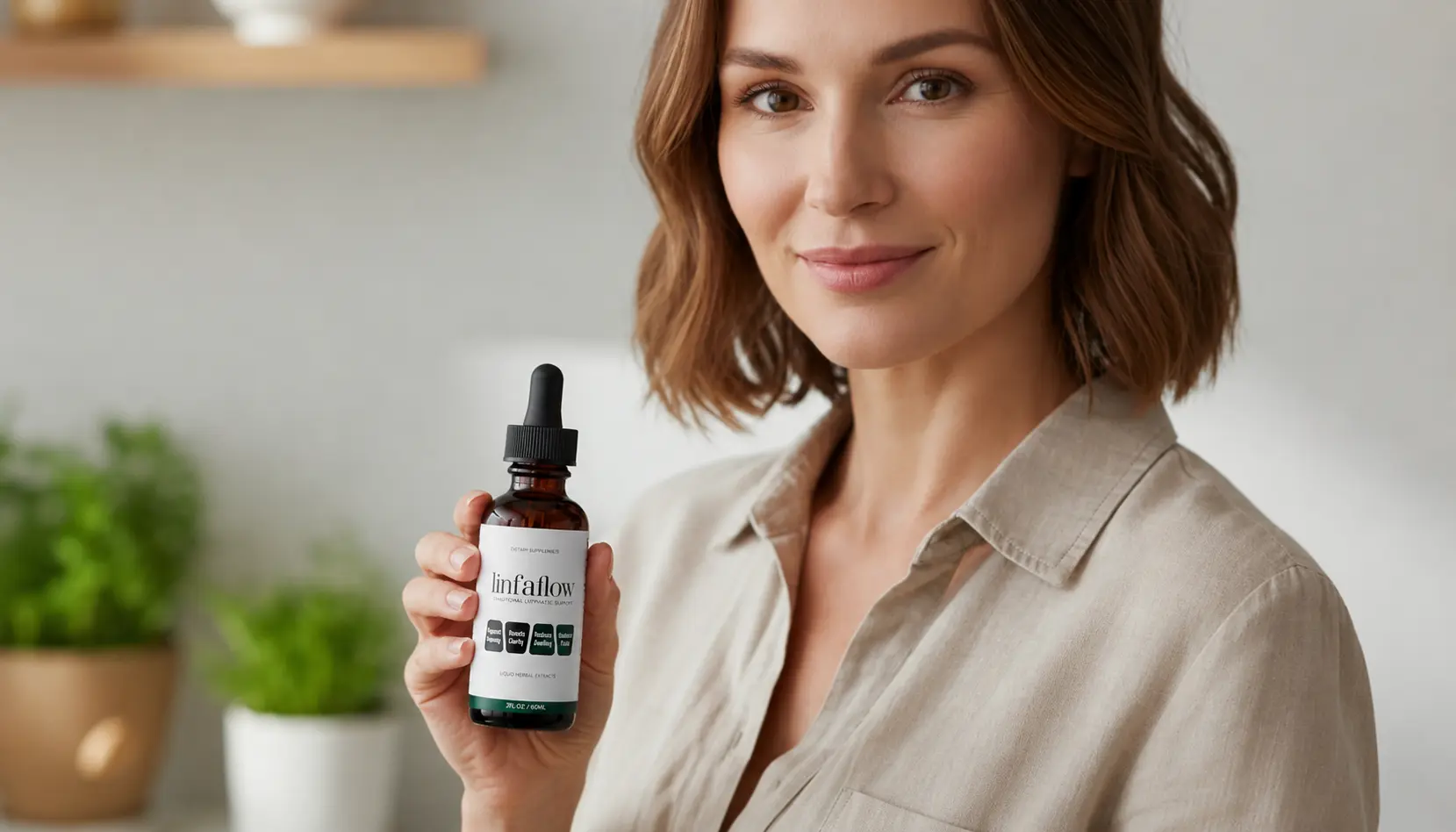 Holding the Linfaflow dropper bottle at home